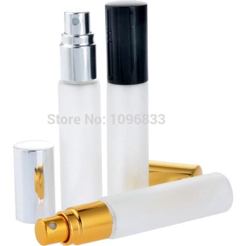 50pcs/lot 10ML Frost Glass Perfume Atomizer Bottle 10CC Glass Spray Bottle Gold Silver Lid Black Cap Parfum Sample Packing Vials