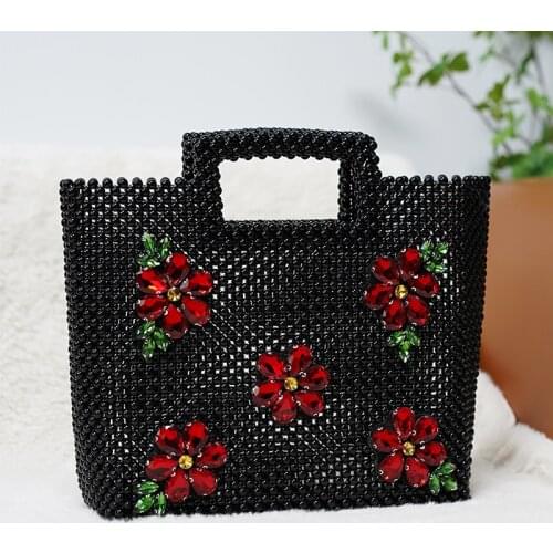 New Vintage Acrylic Beaded Bag Flower Decoration Large Hand Tote Bag Woven Large Capacity Ladies Handbag Luxury Brand Handbags