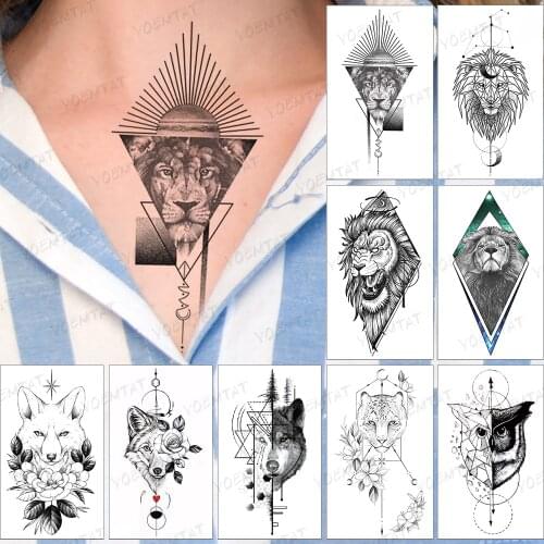 Waterproof Temporary Tattoo Sticker Black Geometric Linear Planet Lion Animal Tattoo Woman Man Child Fake Flash Tattoos