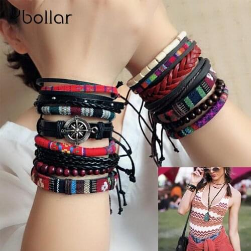 Ybollar 3/4pcs Hippie Punk Braided Rope Wrap Black Leather Vintage Wooden Beads Layers Bangles Bracelets Sets for Man