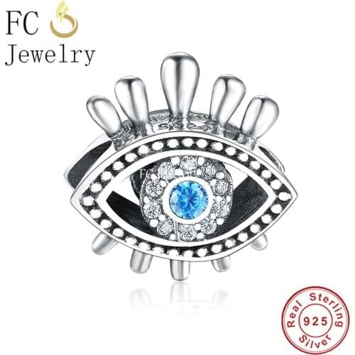 FC Jewelry Fit Original Charm Bracelets Real 925 Sterling Silver Turkey Evil Eye With Blue Zirconia Beads For Women Berloque New