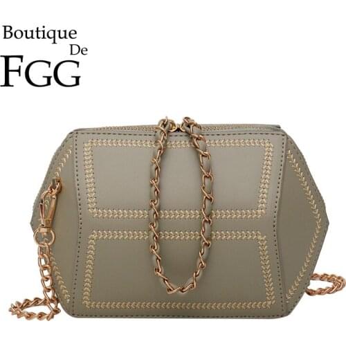 Boutique De FGG Embroidery Women‘s Fashion Shoulder Bags Green Faux Leather PU Crossbody Bag Small Chains Handbag Purse