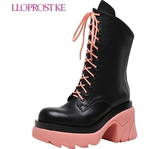 Lloprost ke Black Women Knight Boots Pink Platform Thick Rubber Soles Short Winter Botas British Lace Up Autumn Riding Mujer