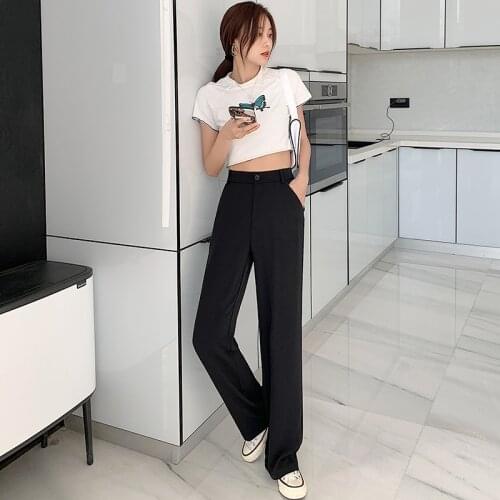 High-waist Womens Wide-leg pants Plus size 3XL Summer Fashion Loose Button Casual Pants Black White Autumn Female Suit Trousers