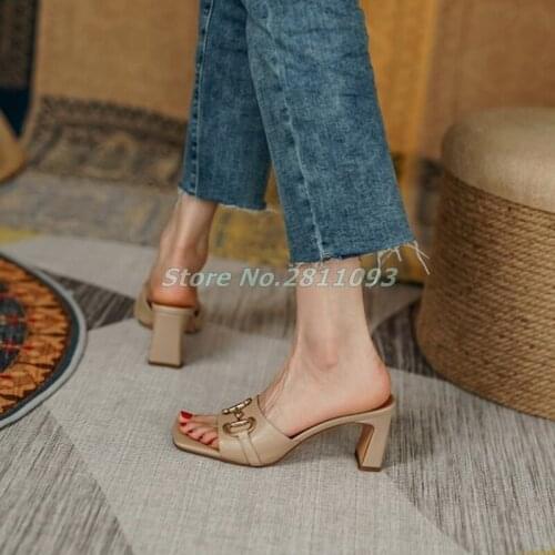 High Block Heel Slippers Square Toe Summer Women Casual Slides Slip On Metal Decor Leather Apricot Beige Dress Women Shoes