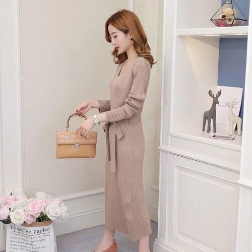 Women Solid Color Wild V Collar Sexy Knit Slim Shirts Long Sleeve Mid-length Casual Sweater Belt Dress