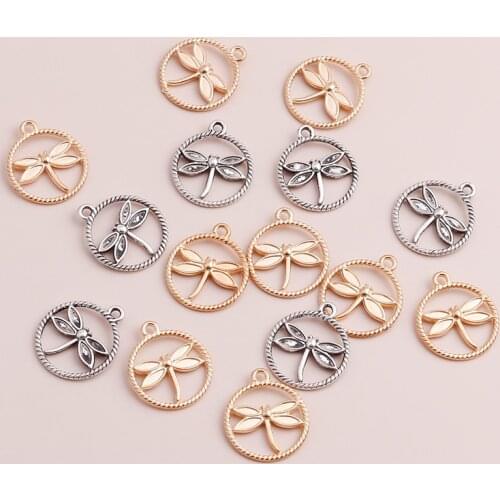 10pcs 20x20mm Hollow Circles Animal Dragonfly Pendants fit Bracelets Gold Antique Silver Color Charms Handmade Jewelry Trinket