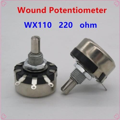 5pcs WX110(010) 220 ohm 3 Soldering Terminals 6mm Round Metal Shaft Single Turn Wire Wound Potentiometer
