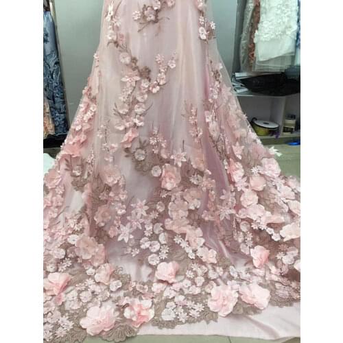 5 yards light pink lace fabric with 3D beads flowersl appliques mesh embroidered lace fabric for bridal wedding fabrics