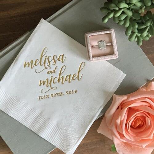 50pcs Personalized Gold Printed Napkins Mr & Mrs Name Engagement Party Custom Bar Paper Napkins Custom Wedding Napkins