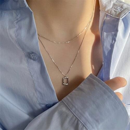 925 Sterling Silver Double Layer Square Charm Necklace For Women Pendant Tassel Clavicle Chain Party Punk Jewelry dz674