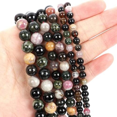 Natural Stone Beads Colorful Tourmaline Round Loose Beads for Jewelry Making Needlework Bracelet DIY 4-12 MM