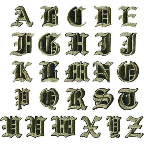 Black Background Iron On Embroidery Patch Gold Archaic Script Font Alphabet Letter Sticker Embroidered Badge For Clothing Sewing