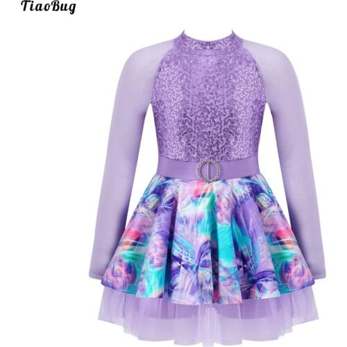 TiaoBug Kids Girls Ballet Dance Jumpsuit Stand Collar Mesh Long Sleeves Sequins Adorned Bodice Shorts Bodysuit With Skirt Hem