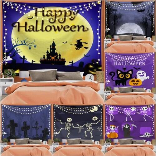 Halloween Backdrop Witch Broomstick Pumpkin Moon Castle Tapestry Wall Hanging Tapestry Blanket Home Decoration for Bedroom