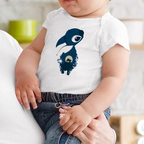Disney Lilo & Stitch Cartoon Toddler Romper Summer O-Neck White Tops Baby Bodysuits 0-24M