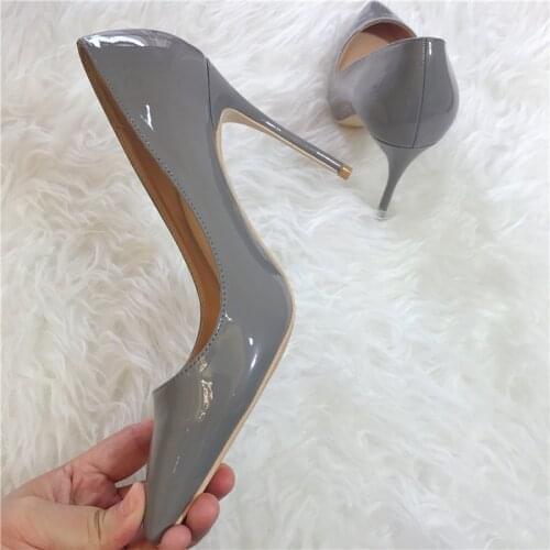 Free shipping fashion women Pumps Grey Patent leather sexy lady Pointy toe high heels shoes size33-43 12cm 10cm 8cm party shoes