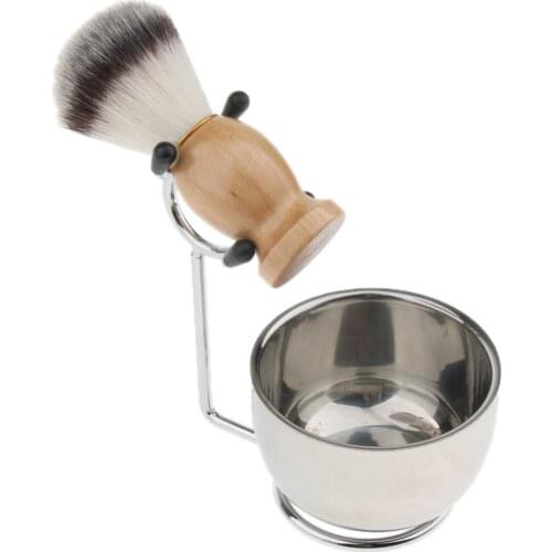 Male Beard Shaving Brush + Stainless Stand Rack + Soap Cream Mug Bowl Kit