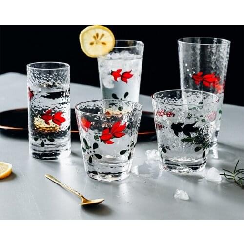 Wholesale Japanese Hammer Pattern Hand-Painted Fish Glass Cup Creative Household Transparent Cup Drinking Glass