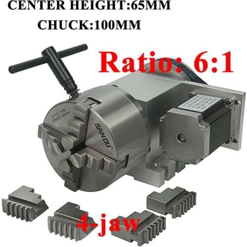 Diy cnc rotary axis chuck 100mm 4-jaw hollow shaft center height 65mm ratio 6:1 4th axis A aixs for cnc router cnc machine