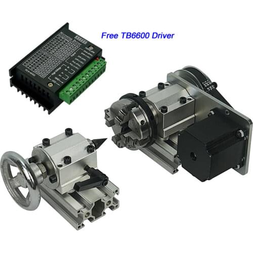 Center Height 55MM CNC 4th Axis Rotary Axis 65MM 3 Jaw Chuck + Tailstock TB6600 Stepper Motor Driver