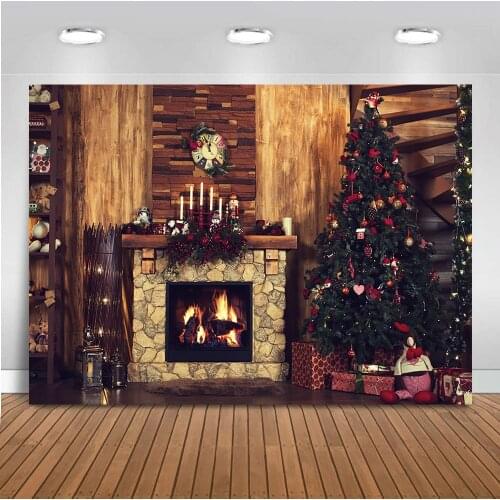 Christmas Fireplace Backdrop Brick Wooden Christmas Trees Family Party Background Photocall Gifts Toy Children Winter Birthday