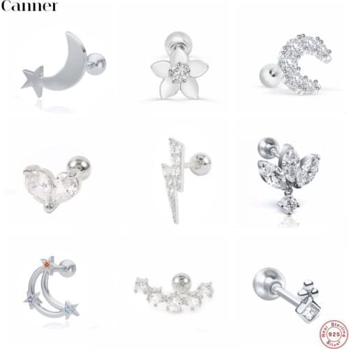 Canner 925 Sterling Silver Vintage Zircon Mini Stud Earrings For Women Silver Color Crystal Stars Flowers Earring Brinco Jewelry