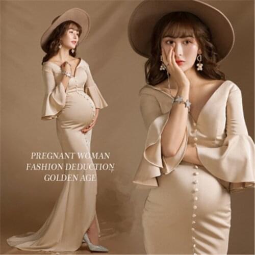 Light Beige Pregnancy Dress+hat Two-pieces Set Maternity Photography Props Mermaid Dress for Women Formal Party Wedding Clothes