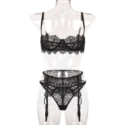 Ladies Sexy Eyelash Lace Lingerie Set See-Through Black Lace Bra Thong Garter Belt Suit Women Underwear Set белье женское