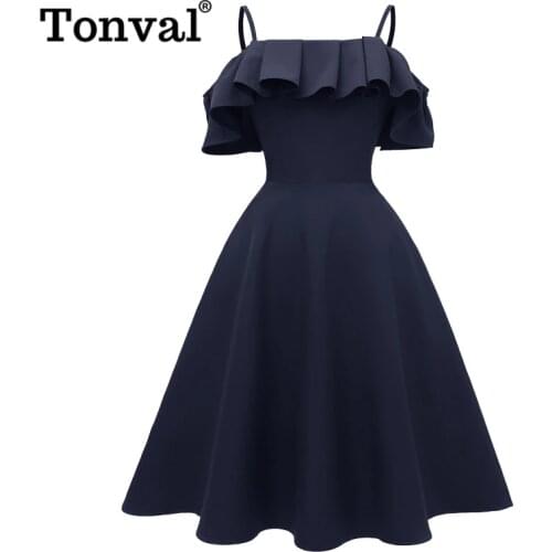 Tonval Vintage Women Spaghetti Strap Ruffle Cami Luxury Swing Dress Party Elegant High Waist A Line Solid Ladies Dresses