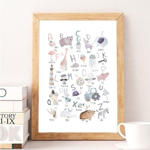 Animal Alphabet Prints Watercolour Natural Educational Posters Kids Boys Girls Nursery Rooms Learning Letters Canvas Painting
