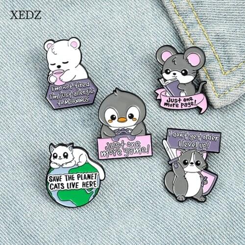 XEDZ Cartoon Mouse Bear Penguin Cat Enamel Brooch Fashion Cute Animal Learn To Play Games Get Up To Protect Planet Badge Jewelry