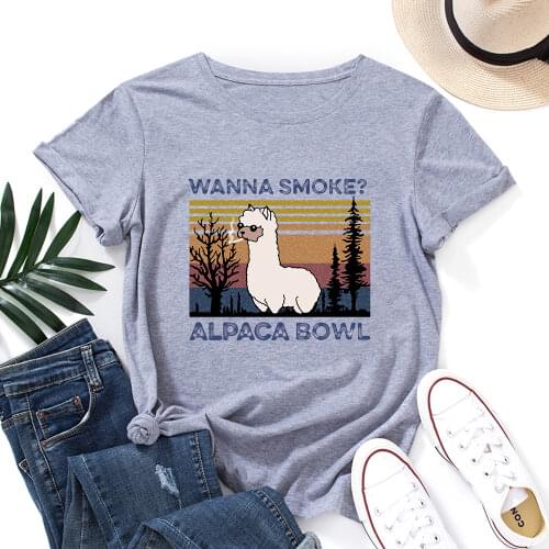 Wanna Smoke Alpaca Bowl T-Shirt Funny Alpaca Shirt Women Short Sleeve Cotton T-shirts Summer Graphic Tee Tops Female Clothes