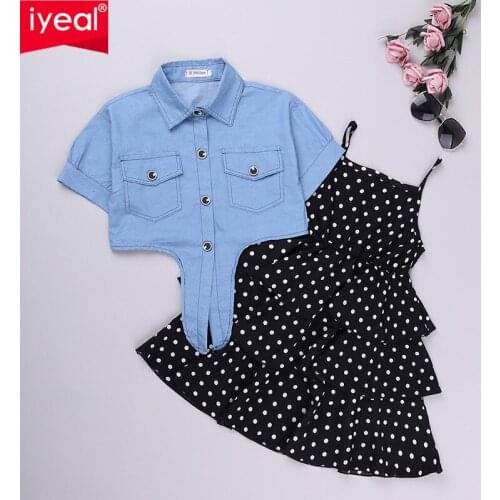 IYEAL Fashion Kids Girl Denim Blouse and Polka Dot Sling Dresses Summer Short Sleeve Outfits 2PCS For Big Girls Clothes 4-12Y