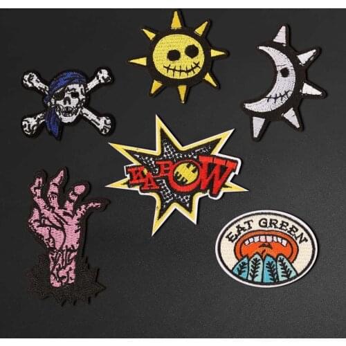 Cartoon punk sun moon embroidery patch skull and crossbones gesture cloth stickers DIY decorative clothes backpack for children