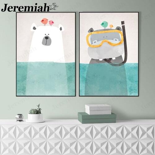Cartoon Animal Canvas Poster Bear Hippo and Bird Painting Wall Art Modern Children Room Living Room Home Decoration