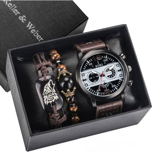 Men Watch Bracelet 3Pcs Set Luxury Watches Fashion PU Leather Analog Sport Clock Large Dial Wristwatches bracelets For Mens