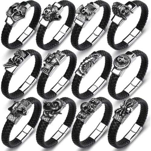 Mens Black Leather Bangles Punk Skull Charm Collocation Trendy Cuff Bracelets For Man 28 Styles Jewelry Gift