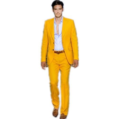 New men suits suit Custom Made Groomsmen Notch Lapel Groom Tuxedos Yellow Men Suits Wedding Men