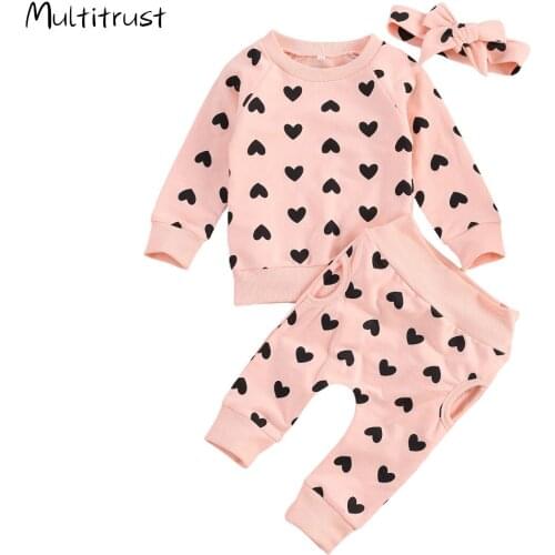 Toddler Girl Clothes Children Two Piece Set Heart Printing Round Neck Long Sleeve Trousers Kids Pocket Pants for Toddler