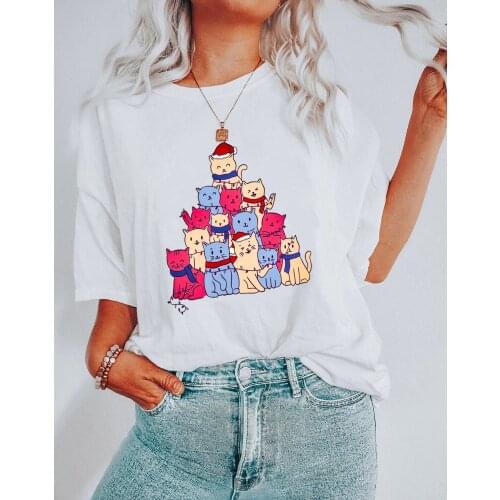 Christmas Cats T-shirts Cat Lover Shirts Funny Cats Christmas Trees Tee Cat mom Christmas Gift Women Trendy 90s aesthetic Top