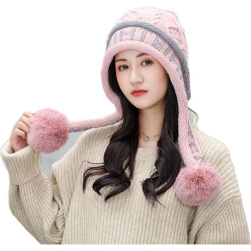 Hats Women Winter Fashion Beanies Sweet Cute Hedging Cap Velvet Wool Hat Student Hair Ball Caps Warm Knit Hat