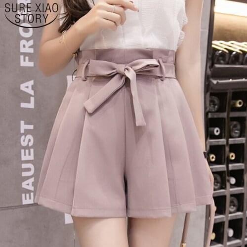 High Waist Shorts Summer Casual Loose Shorts 2021 New Korean Lace-Up Bowknot Womens Cute Pleated Wide Leg Shorts 5056 50