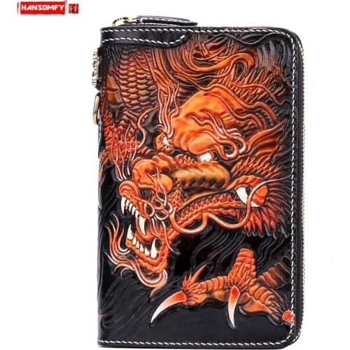 Clutch Bag Mens Leather Tide Large-capacity Wallet Card Holder New Clutch Dragon Tiger Handbag Bag First Layer Cowhide Vintage