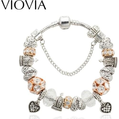 VIOVIA Love Wing Charm New Jewelry White Crown Glass Beads Fit Bracelets With Crystal Charm Bracelet For Women B15332