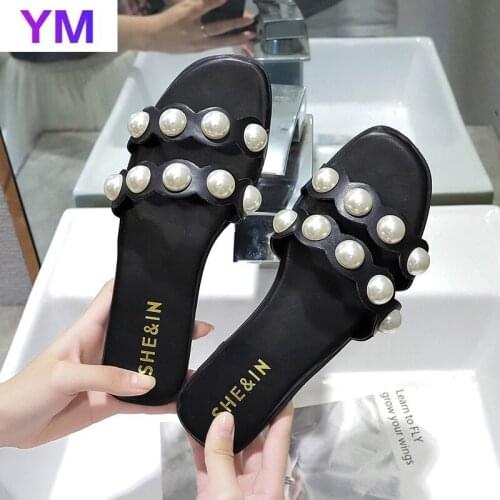 Pearl Flat Sandals Women for Summer Outdoor Non Slip Square Toe Ladies Sandals Zapatillas Casa Mujer Sapato Feminino 40 Fashion