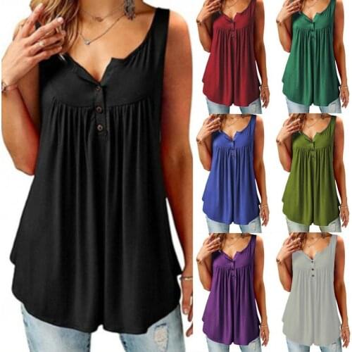 2021 Summer Women Tanks Top New Fashion V-neck Solid Camisole Plus Size Casual Loose Buttons Pleated Loose Sleeveless Vest
