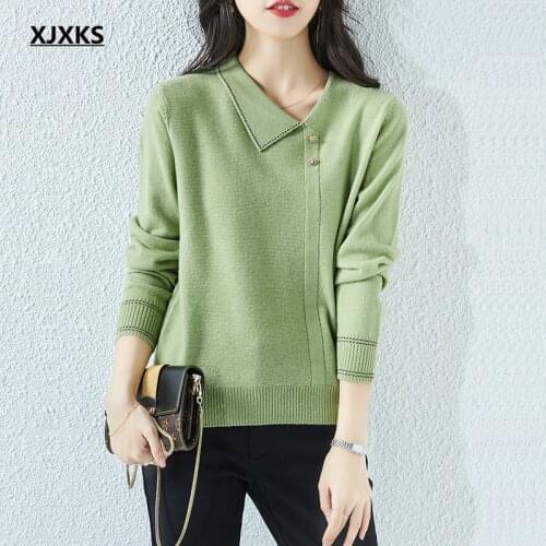 XJXKS Fashion V-neck Women Sweater 2021 Spring Autumn New 100% Wool Knitted Sweater Women Pullover