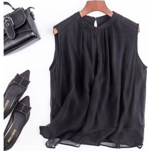 Womens 100% Mulberry Silk with cotton lining Loose Type Crew Neck Black Sleeveless Vest T-Shirts top JN631