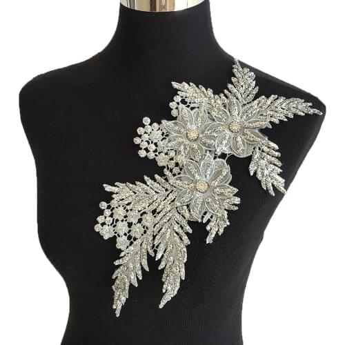 Ladies clothing fabric decoration rhinestone silver lace sewing chest applique DIY craft supplies accessories 1 piece for sale